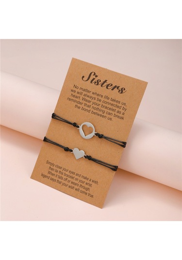 Tesbihane Siyah İp Zincirli 316l Kalite Çelik Kalp Tasarım 2li Bileklik Çelik