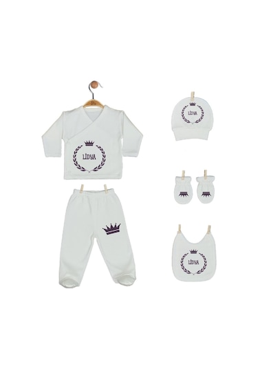 Pia Baby 2006 İsme Özel Taçlı Beşli Zıbın Set Krem