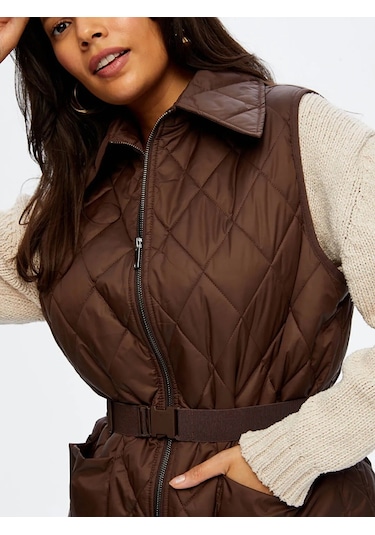 Faik Sönmez Beli Kemer Detaylı Kadın Kapitone Yelek W26kyl003 Kahve