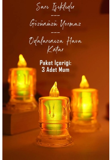 3 Adet Led Mum Simli Tipi Pil Dahil Dumansız Alev Ledli Yapay Dekoratif Mum Işığı Orta Pt421 ŞEFFAF