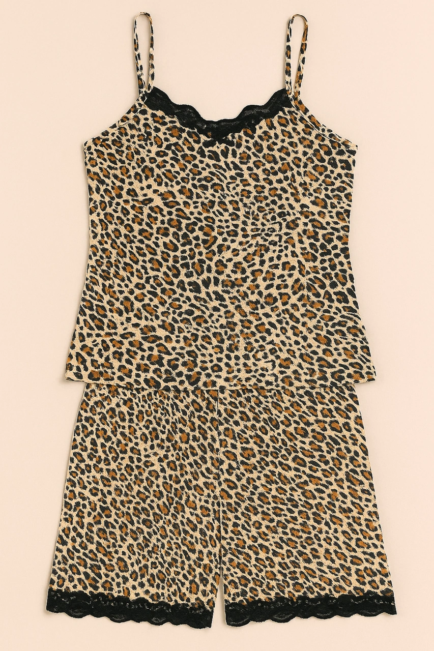 Kadın Dantel Detay Leopar Desen Şortlu Takım P600-973 Leopar
