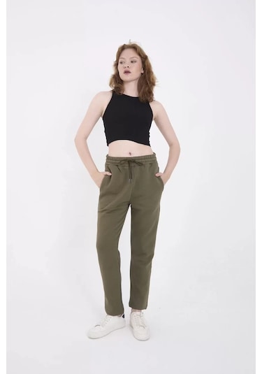 Unisex Üç İplik Basic Eşofman Pantolon - Haki 001