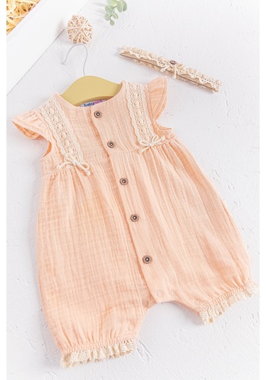 Düğmeli Bandanalı Kız Bebek Müslin Tulum Somon