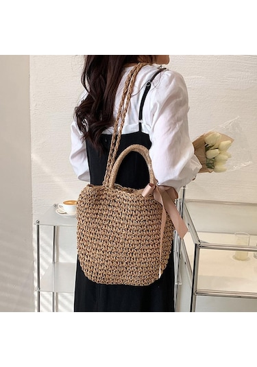 Kahve & Siyah Yogodlns El Yapımı Hasır Çanta Kurdelalar Ilmek Plaj Örgü Çanta Tote 32cm 26cm