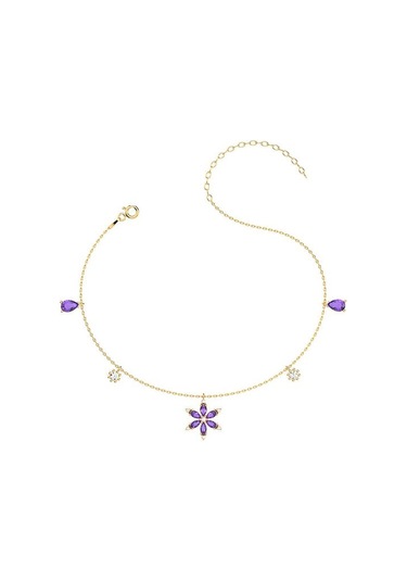 İndigo Takı Ametist Taşlı Lotus Çiçeği Altın Kaplama Gümüş Halhal Çok Renkli