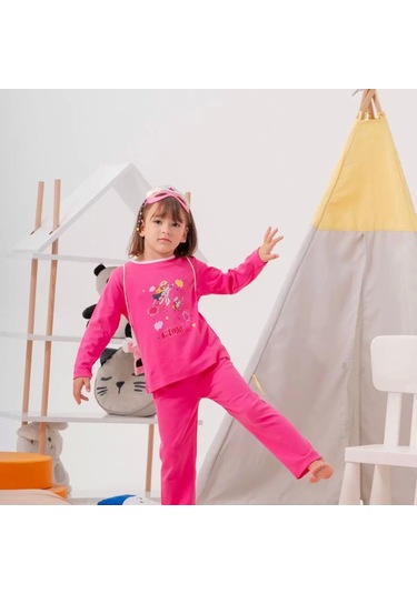 Heroıne Desenli Çanta Ve Maskeli % 100 Pamuk Kız Çocuk Pijama Takımı Gül Kurusu