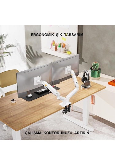 Triline Nb F160 Beyaz 17-27" Çift Kol Monitör Tutucu 2-9 Kg Amostisörlü Vesa Monitör Standı