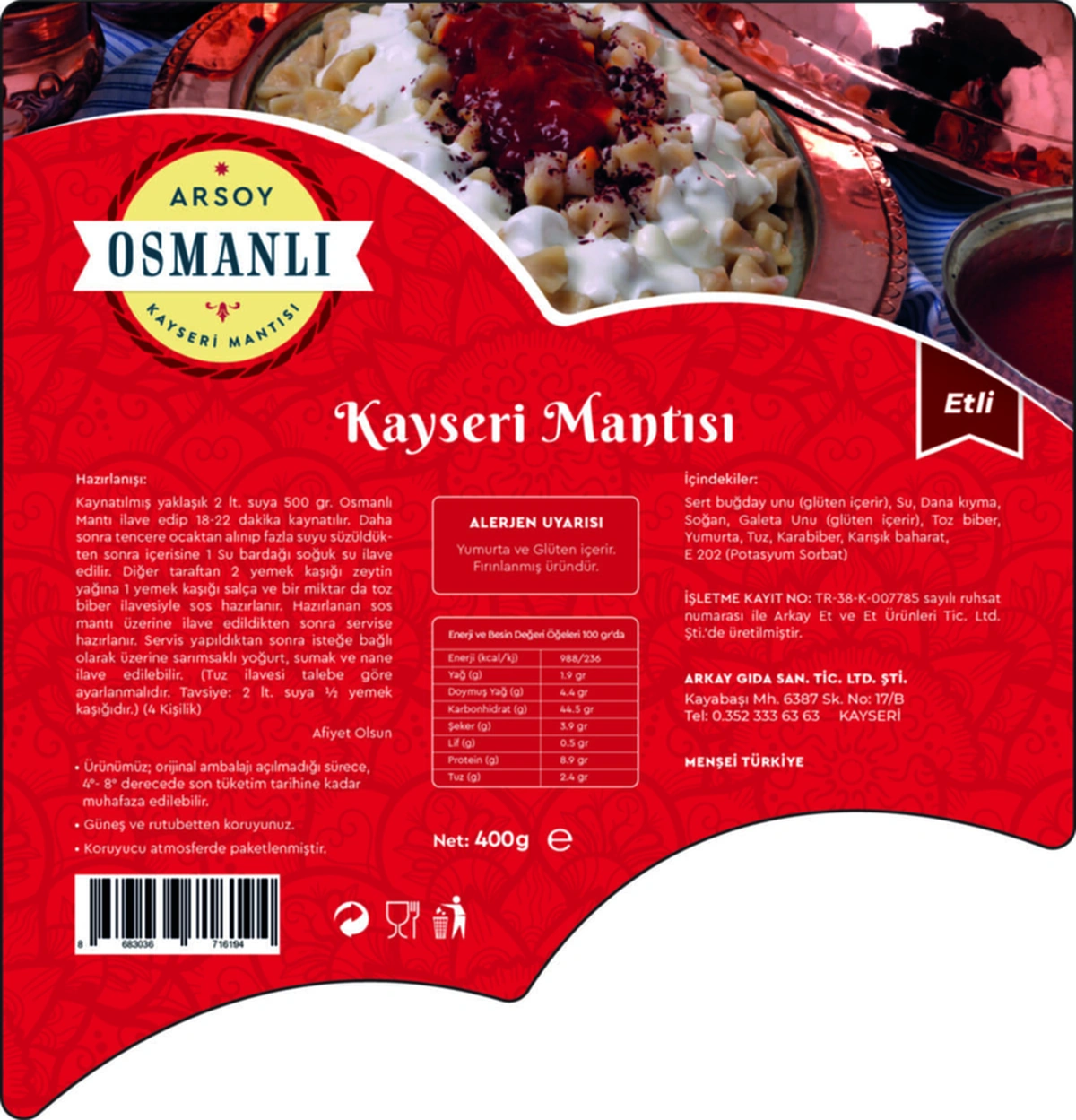 Kayseri Mantısı Etli 400 Gr Vakumlu