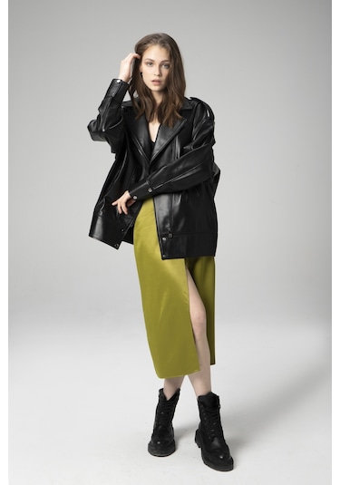 Dericlub Wm019 Oversize Biker Hakiki Deri Kadın Mont