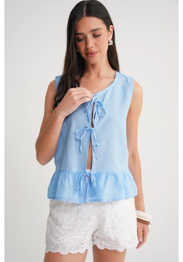 4717 Kadın Önü Bağcıklı Fırfırlı Kolsuz Keten Bluz Mavi Mavi