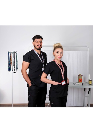 Likralı Cerrahi Forma Unisex Hemşire Doktor Sağlıkçı Forması Scrubs Üniforma Siyah