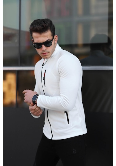 Kozik Standart Kalıp Tam Fermuarlı 3 Çepli Erkek Polar Beyaz