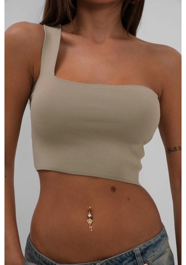 Tek Omuz Crop Bluz Bej