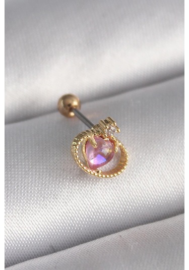 316l Çelik Gold Renk Pembe Mineli Kalp Zirkon Taş Detay Tragus Piercing - Prt3500eb02897-7960 Altın