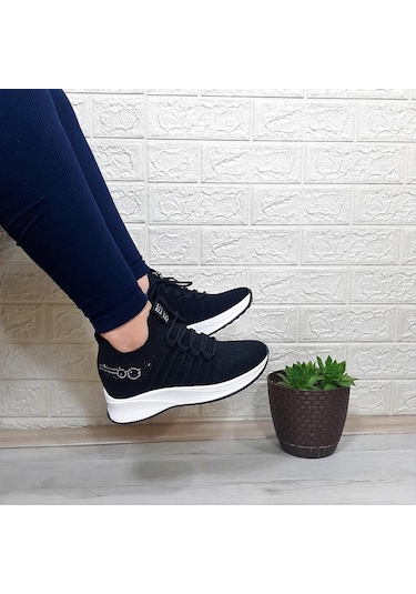 M.p 1669 Siyah İçten Gizli Topuk 7cm Taşlı Kadın Spor Ayakkabı 001