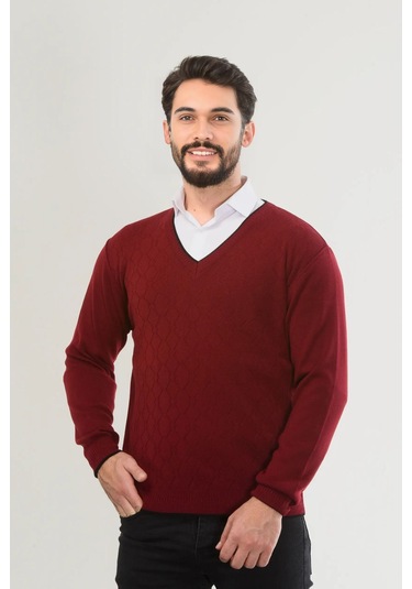 Kamalı Bordo Erkek V Yaka Triko Uzun Kol Standart Fit Tüylenmeyen Triko Kışlık Örgü Kazak Bordo