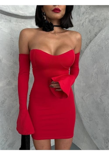 Dip Moda Kadın Kırmızı Volanlı Mini Kol Fırfırlı Elbise Dpnbdf094 Kırmızı