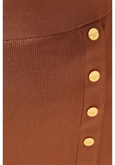 Elisabetta Franchi Triko Jewel Button Detaylı, Sofistike Midi Etek Kahverengi