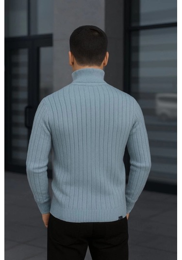 Erkek Balıkcı Yaka Bağazlı Triko Kazak Pamuklu Kalın Fitilli Dokuma, Regular Fit Uzun Kollu Kışlık Model - Bebe Mavisi Mavi