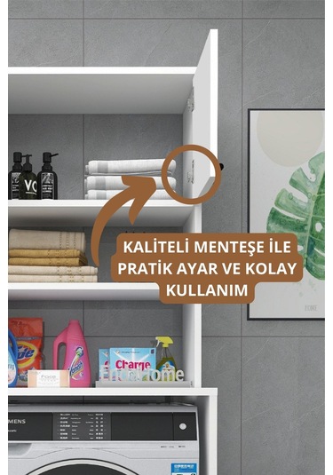 Enda Home Çamaşır Makinesi Dolabı 3 Raflı Kapaklı Banyo Dolabı Beyaz