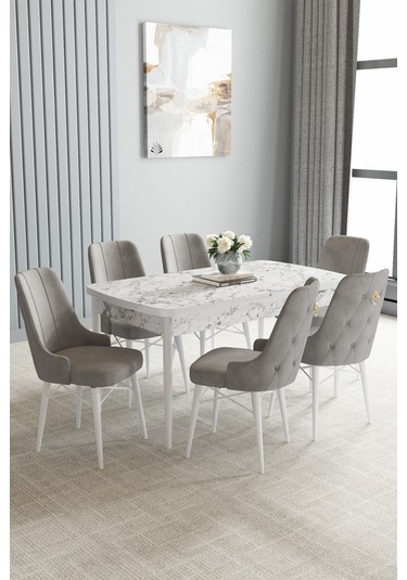 Jusie Beyaz Mermer Desen 80x132 Açılabilir Yemek Odası Takımı 6 Adet Sandalye Gri