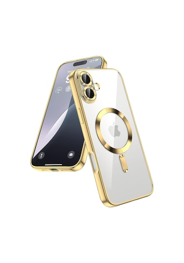 Teknomoda İphone 16 Kılıf Kamera Lens Korumalı Renkli Magsafe Şarj Uyumlu Şeffaf Silikon Gold