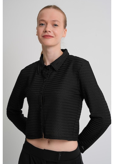 Alexandergardı Desenli Uzun Kollu Dokulu Crop Gömlek Siyah