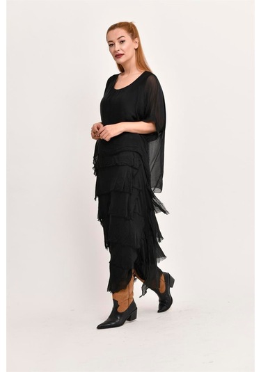 İtalyan 2 Beden İnce Gösteren Yarım Kol Kat Kat Ipek Elbise Siyah