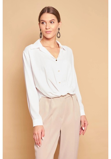Yakalı Önü Pileli Uzun Kol Likrasız Şık Kumaş Gömlek-krem Krem