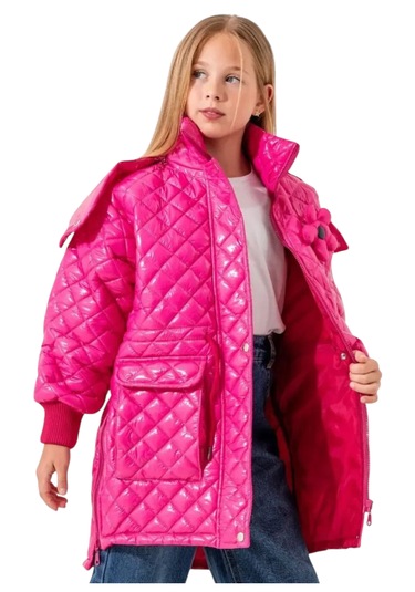 Kız Çocuk Kapitone Model Kapüşonu Çıkabilen İçi Astarlı Etek Kısmı Fermuarlı Parlak Pembe Renk Mont Pembe