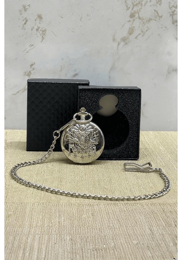 Büro Ev Ofis Hediyesi İçin Kutulu Silver Osmanlı Devlet Armalı Köstekli Saat