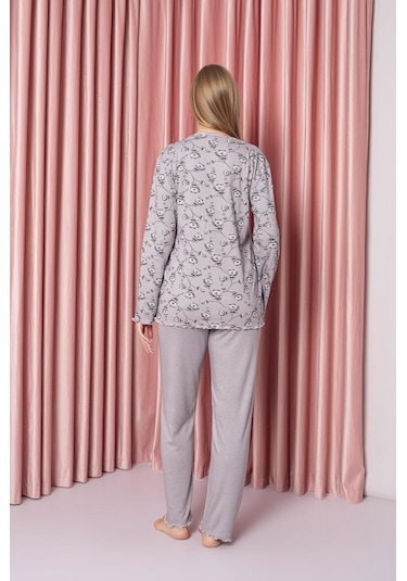 Kadın V Yaka Puantiye Desen Bambu İnterlok Anne Pijama Takımı P5046-gri Gri