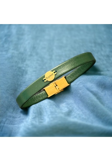 Archin Zeynep İsmine Özel Doğal Yeşil Derili Yuvarlak Motifli 14 Ayar Altın Plakalı Hediye Bileklik-425isim Zeynep