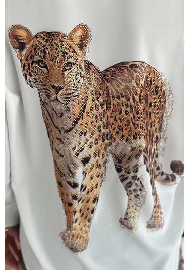 Aslan Desen Baskılı Taşlı Gömlek Beyaz