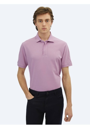 Kip Eflatun Düz Polo Yaka %100 Pamuk T-shirt