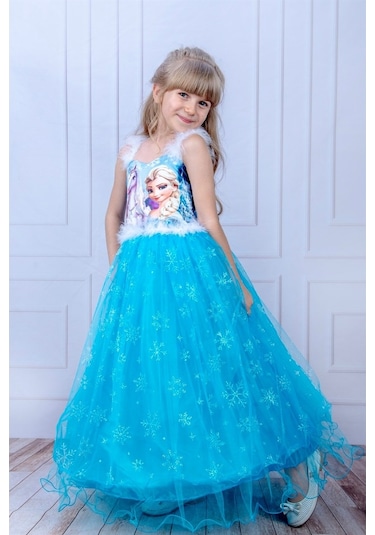 Uzun Elsa Kasnaklı Kız Çocuk Parti Elbisesi