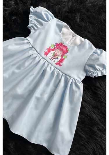 Anime Kız Şeker Baskılı Bebe Mavi Kız Çocuk Bebek Poplin Elbise 001