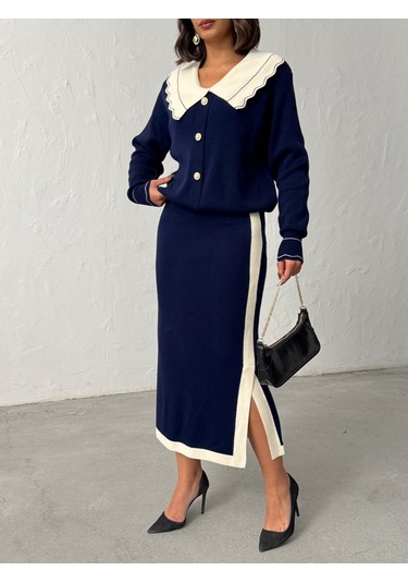 Kadın Bebe Yaka Triko Takım Lacivert