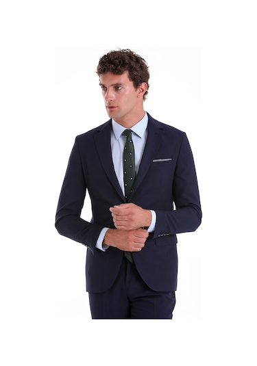 Hatemoğlu Lacivert D. Slim Fit Desenli Mono Yaka Klasik Takım Elbise Lacivert