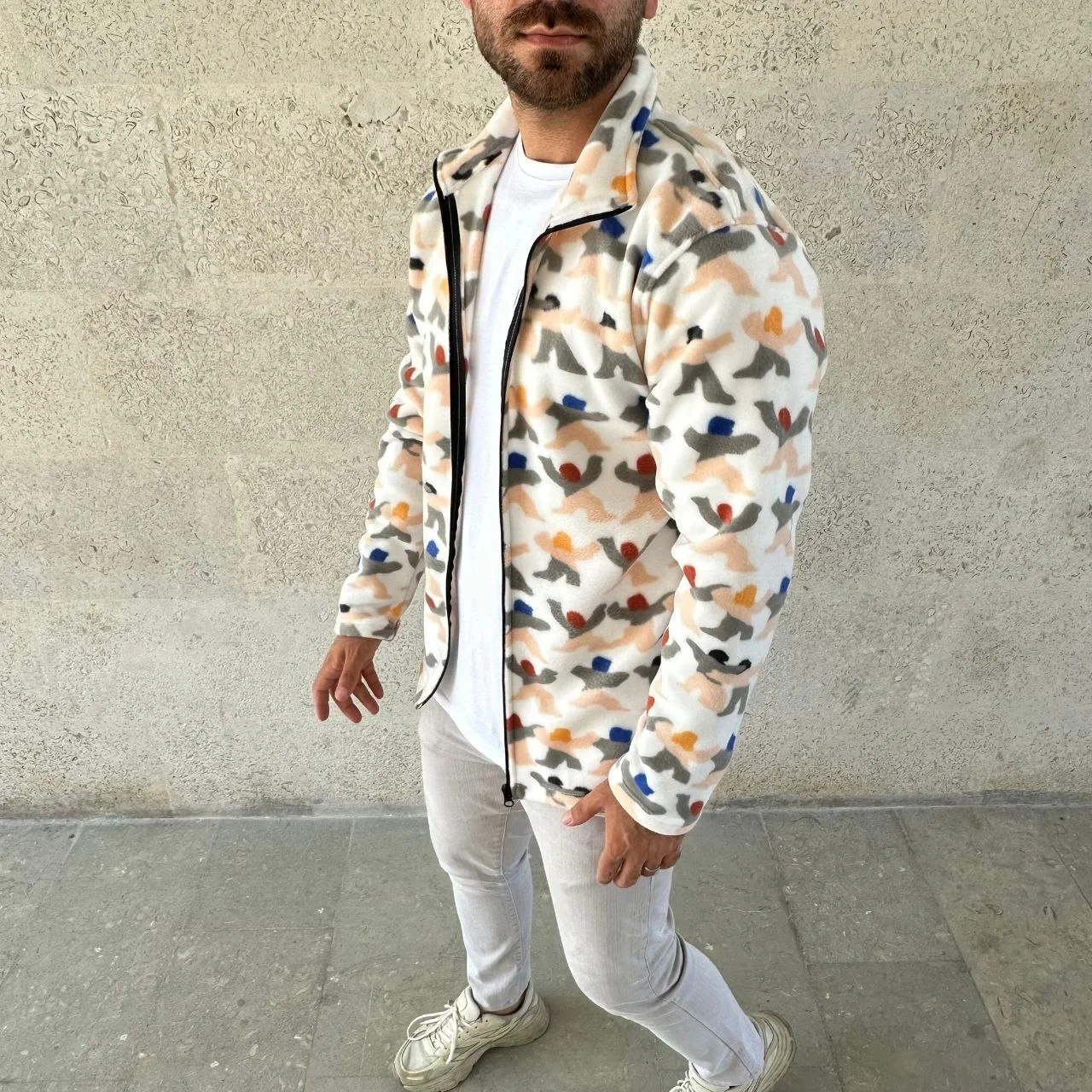 Erkek Tam Fermuarlı Desenli Polar Sweat Siyah Multicolor Figür Desen Yakalı, Uzun Kollu, Oversize Beyaz