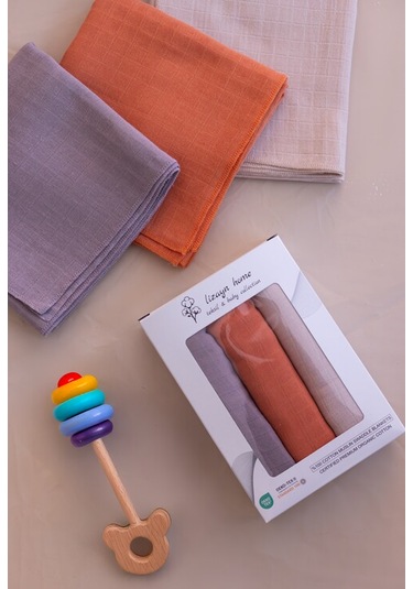 Çok Amaçlı Müslin Örtü & Battaniye 3'lü Set Pamuk Oeko-teks Sertifikalı 80x80 CM Kiremit