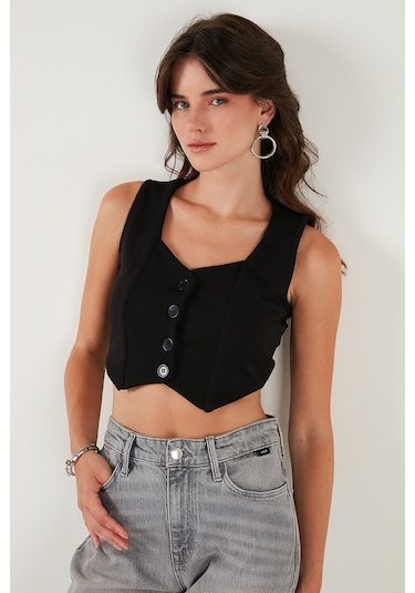 Lela Slim Fit Kalp Yaka Düğmeli Kalın Askılı Crop Bayan Yelek 5865497 Siyah