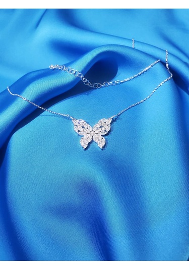 Lunafly 925 Ayar Gümüş Parlak Işıltılı Taşlı Kelebek Kadın Kolye Ort. Gümüş