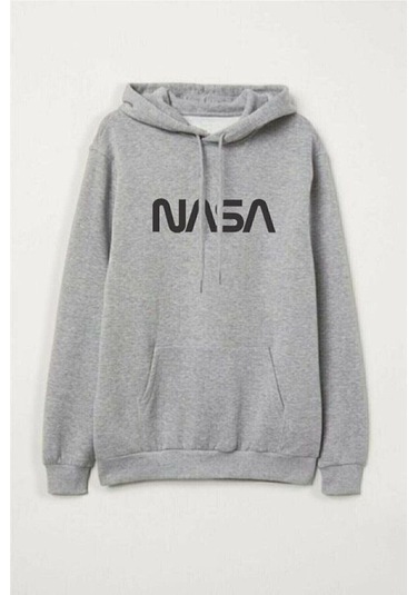 Unisex Nasa Gri Baskılı Kapüşonlu Sweatshirt Gri