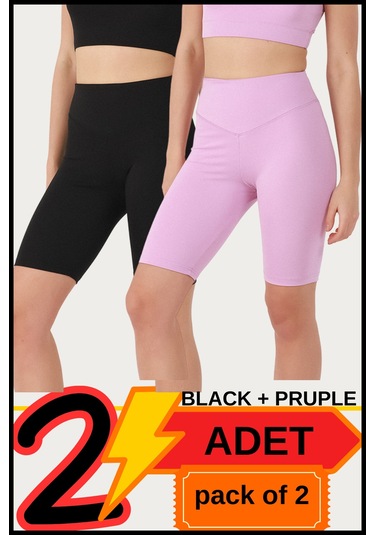 Kadın Yüksek Bel Toparlayıcı Kısa Siyah & Lila Şort Tayt 2'li Paket Lycralı Biker Shorts 21070 Siyah - Lila