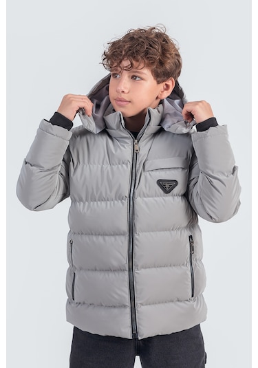 Nova Kumaş Kapüşonlu Erkek Çocuk Kışlık Mont Km2509 Gri