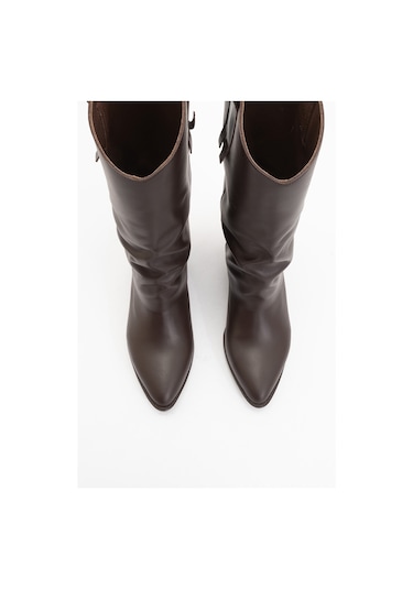 Sojo Kahverengi Cilt Hakiki Deri Kalın Topuklu Kısa Çizme Kahverengi Deri