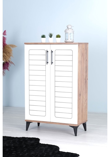 Luna 2 Kapaklı 4 Bölmeli Modern Ayakkabılık - Beyaz / Çam Desenli