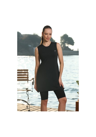 Büyük Beden Sıfır Kollu Taytlı Yarı Kapalı Mayo 22701 Siyah Siyah