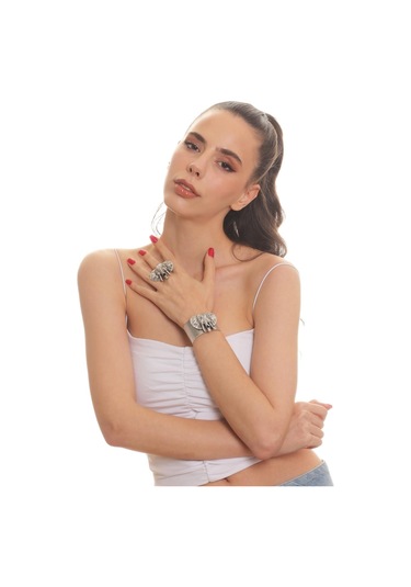 Kadın Antik Gümüş Kaplama Ayarlanabilir Siyah Mineli Fil Figürlü Şans Bileklik & Yüzük Set Antik Gümüş